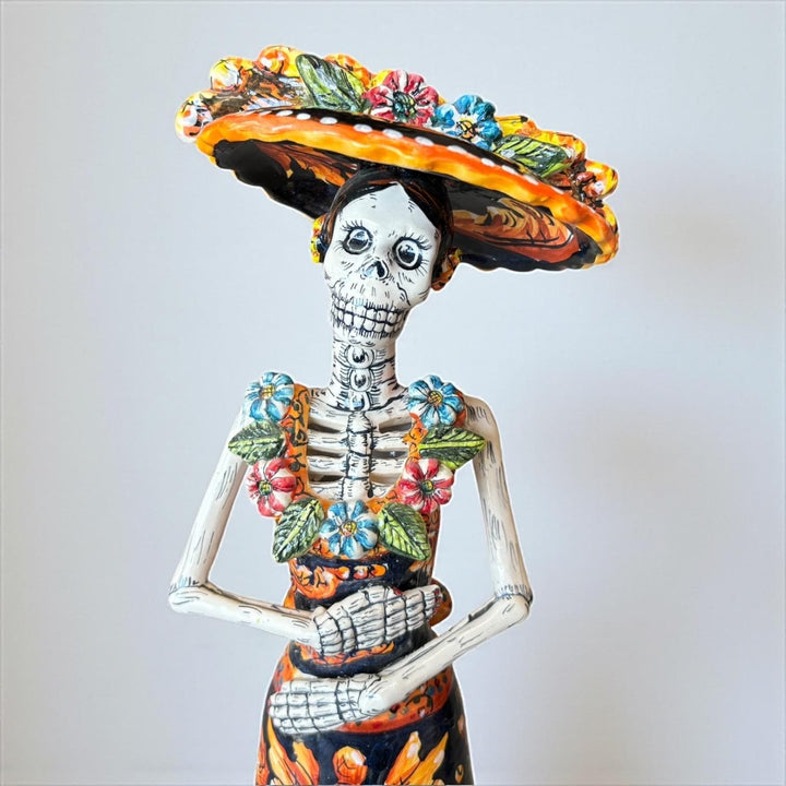 Medium Handcrafted & Handpainted Mexican Talavera Wide Brim Hat Orange Catrina Skeleton Lady Figure