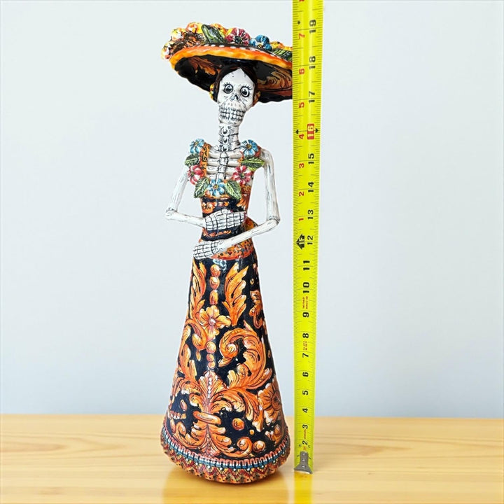 Medium Handcrafted & Handpainted Mexican Talavera Wide Brim Hat Orange Catrina Skeleton Lady Figure