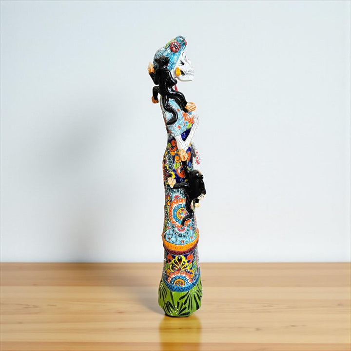 Medium Handcrafted & Handpainted Mexican Talavera Frida Kahlo Inspired Catrina Skeleton Lady Figure