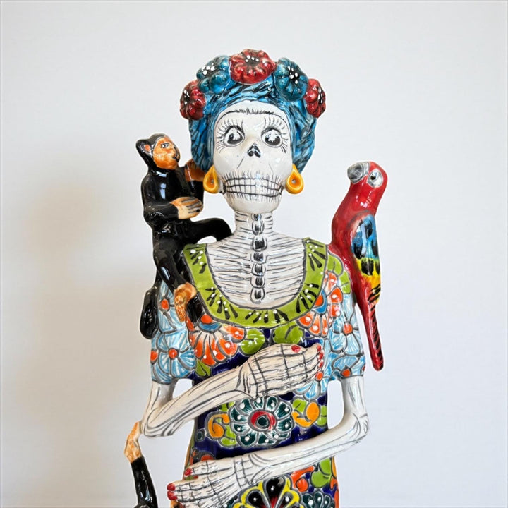 Medium Handcrafted & Handpainted Mexican Talavera Frida Kahlo Inspired Catrina Skeleton Lady Figure