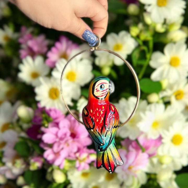 Hand Painted Mini Vibrant Mexican Tropical Bird w/ Metal Frame Hanging Decor – Assorted Designs