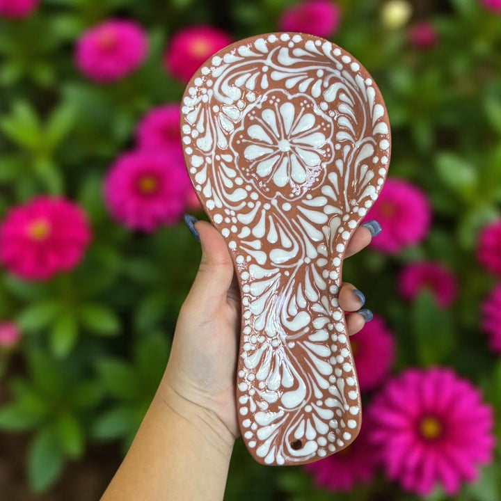 Hand Painted Brown and White Mexican Talavera Spoon Rest (Cielito Lindo Inspired) – Assorted Designs