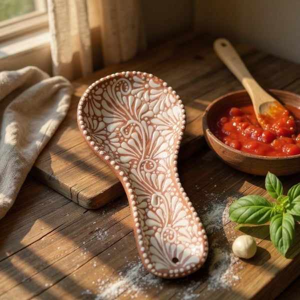 Hand Painted Brown and White Mexican Talavera Spoon Rest (Cielito Lindo Inspired) – Assorted Designs