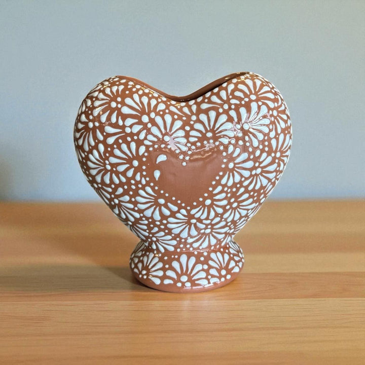 Hand Painted Mexican Talavera Brown and White Heart Vase (Cielito Lindo Inspired)
