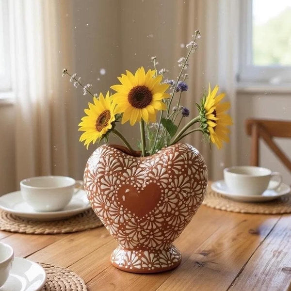 Hand Painted Mexican Talavera Brown and White Heart Vase (Cielito Lindo Inspired)
