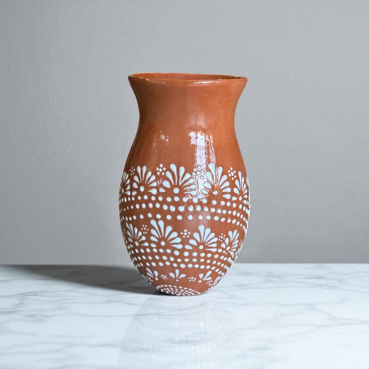 Hand Painted Mexican Talavera Brown and White Rustic Mandela Vase (Cielito Lindo Inspired)