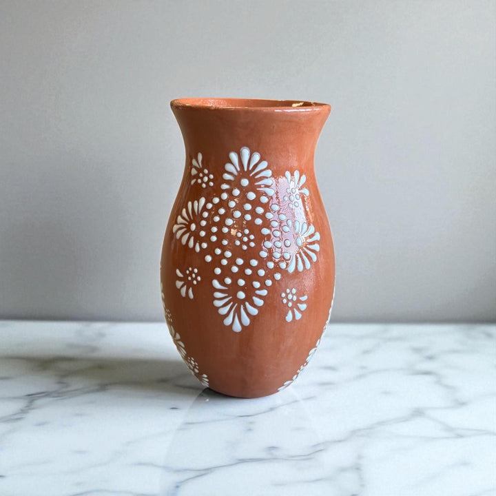 Hand Painted Mexican Talavera Brown and White Rustic Mandela Vase (Cielito Lindo Inspired)