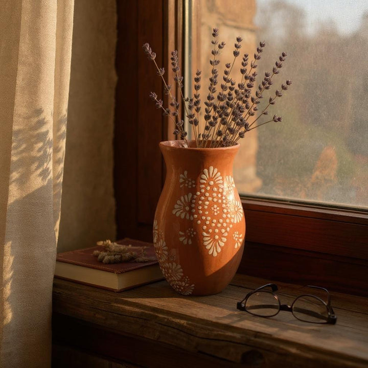 Hand Painted Mexican Talavera Brown and White Rustic Mandela Vase (Cielito Lindo Inspired)