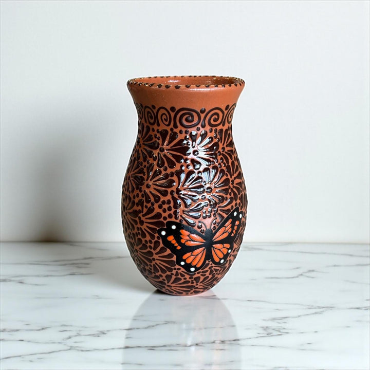 Hand Painted Talavera Brown and Dark Chocolate Rustic Monarch Butterfly Vase (Cielito Lindo Inspired)
