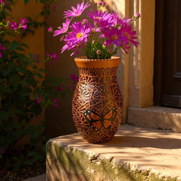 Hand Painted Talavera Brown and Dark Chocolate Rustic Monarch Butterfly Vase (Cielito Lindo Inspired)