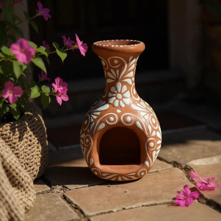 Small Hand Painted Mexican Talavera Brown and White Floral Tabletop Chimney “Chimenea”