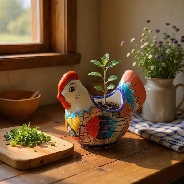 Beautiful Hand Painted Mexican Talavera Blue & Pink Tail Chicken Hen Planter Pot