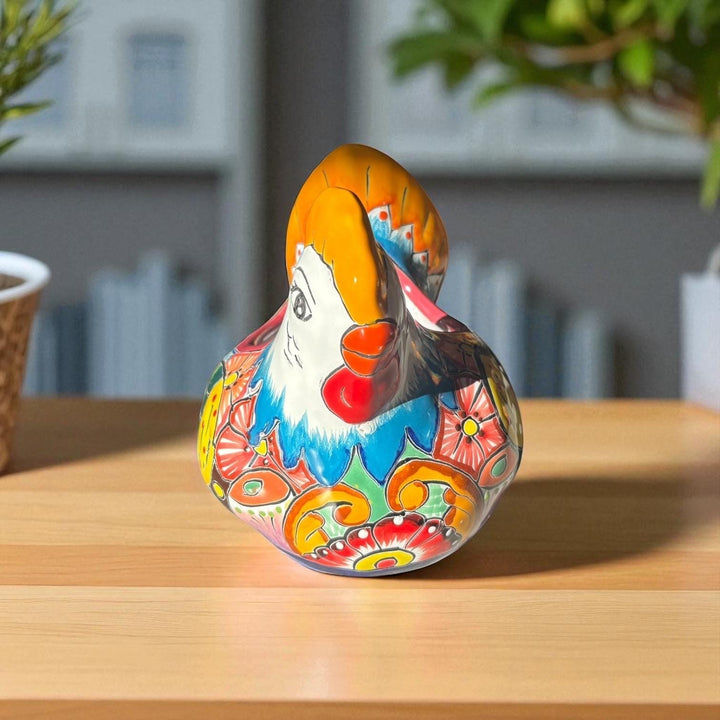 Beautiful Hand Painted Mexican Talavera Blue & Orange Tail Chicken Hen Planter Pot