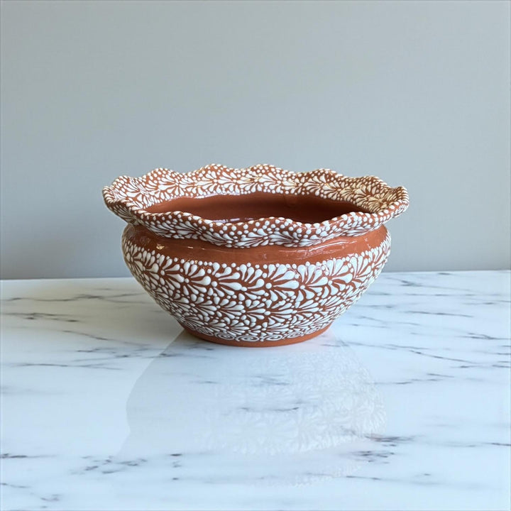 Hand Painted Mexican Talavera Wide Scalloped Rim Brown & White Planter Pot