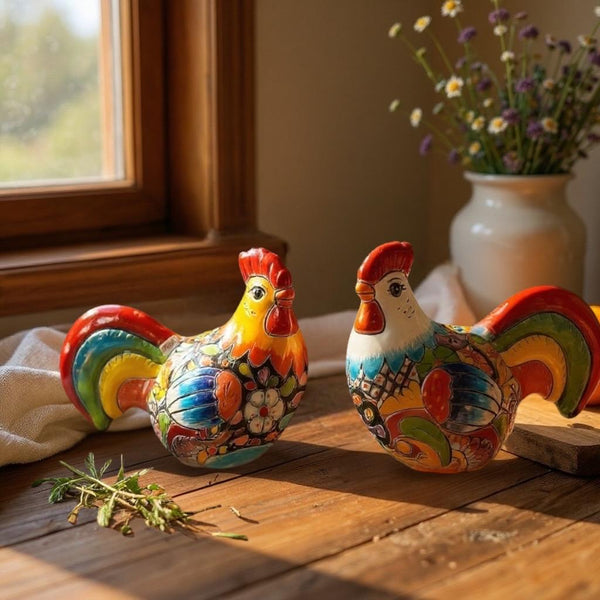 Cute Hand Painted Mexican Talavera Chicken Rooster Animal Sculpture – Assorted Designs