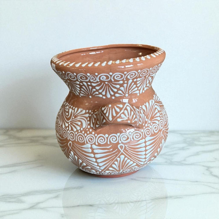 Beautiful Handpainted Mexican Talavera Light Brown & White Planter Pot with Handles (Cielito Lindo Inspired)