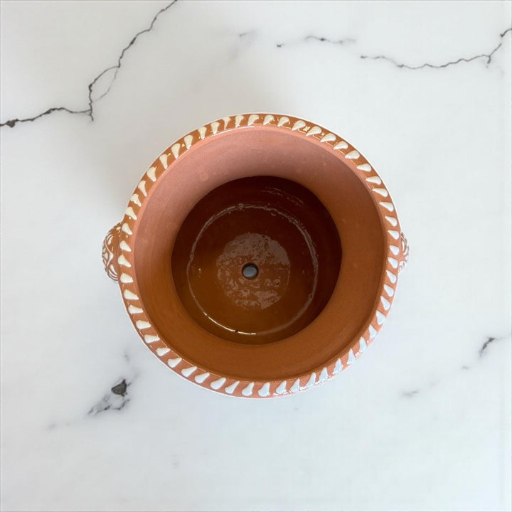 Beautiful Handpainted Mexican Talavera Light Brown & White Planter Pot with Handles (Cielito Lindo Inspired)