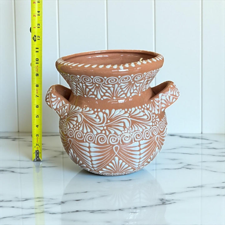 Beautiful Handpainted Mexican Talavera Light Brown & White Planter Pot with Handles (Cielito Lindo Inspired)