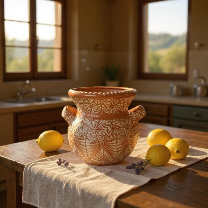 Beautiful Handpainted Mexican Talavera Light Brown & White Planter Pot with Handles (Cielito Lindo Inspired)