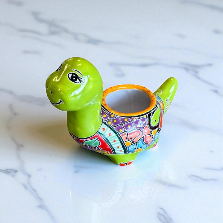 Hand Painted Talavera Cartoon Dinosaur Lime Green Planter Pot (Varying Design)