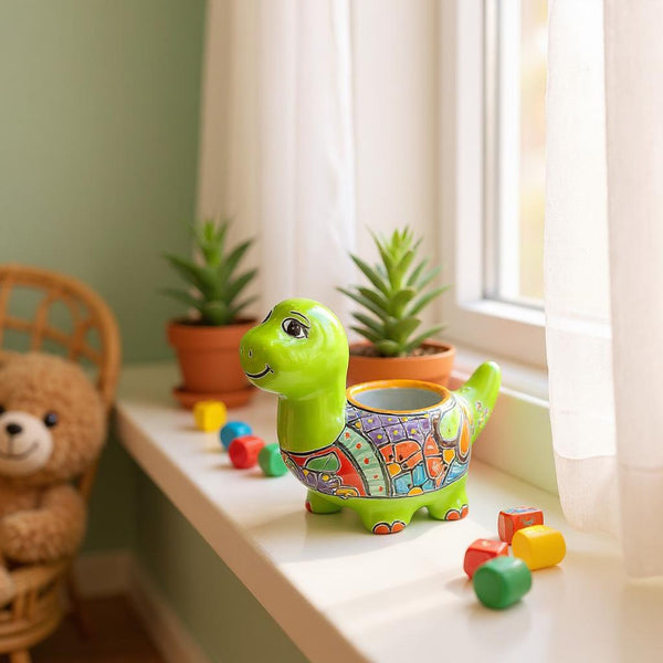 Hand Painted Talavera Cartoon Dinosaur Lime Green Planter Pot (Varying Design)