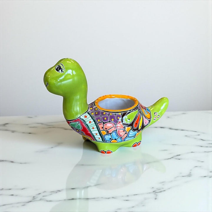 Hand Painted Talavera Cartoon Dinosaur Lime Green Planter Pot (Varying Design)
