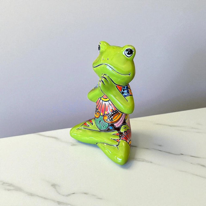Cute Hand Painted Mexican Talavera Meditating Frog Figure – Assorted Colors (Varying Design)