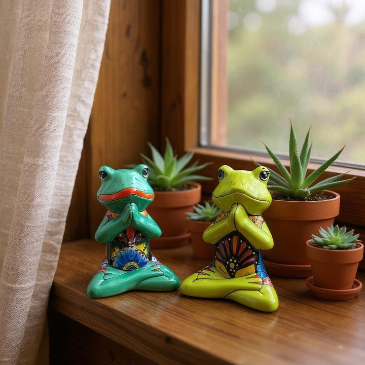 Cute Hand Painted Mexican Talavera Meditating Frog Figure – Assorted Colors (Varying Design)