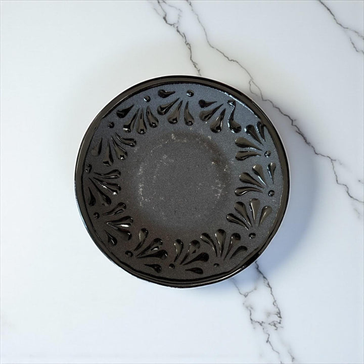 Hand Painted Mexican Black Clay and Black Mug with Saucer (Cielito Lindo Inspired)