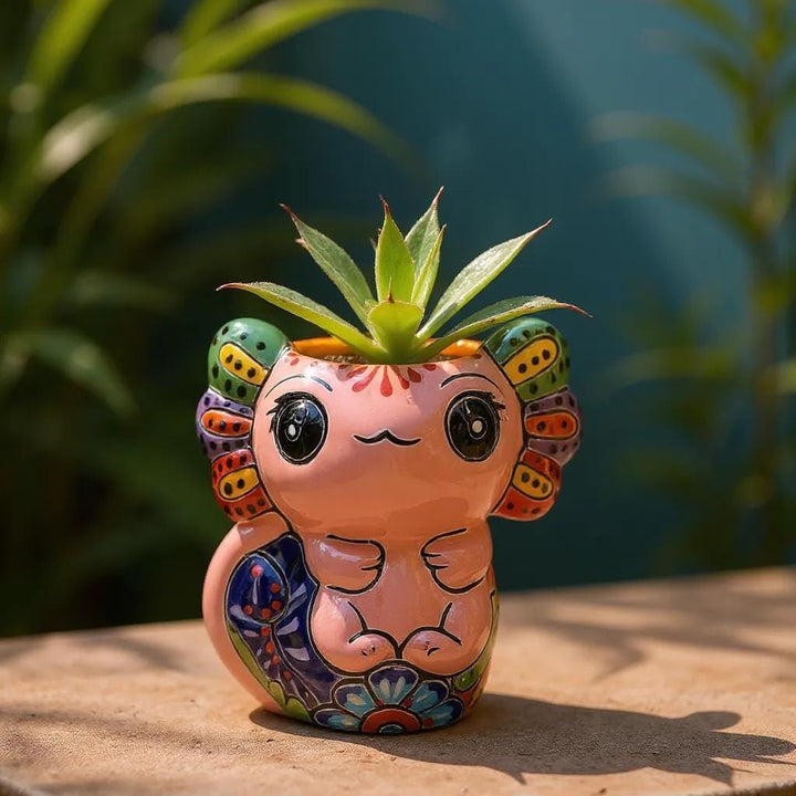 Hand Painted Kawaii Mexican Talavera Axolotl Planter Pot – Assorted Colors (Varying Design)