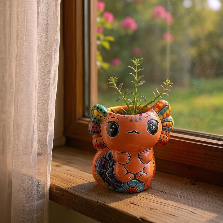 Hand Painted Kawaii Mexican Talavera Axolotl Planter Pot – Assorted Colors (Varying Design)