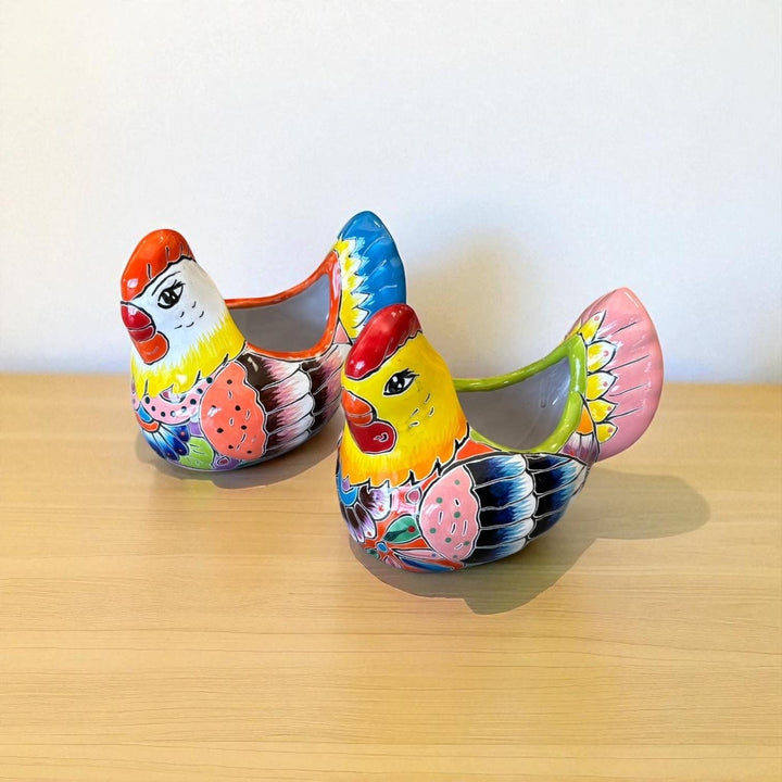 Beautiful Small Hand Painted Mexican Talavera Chicken Rooster Planter Pot (Varying Design)