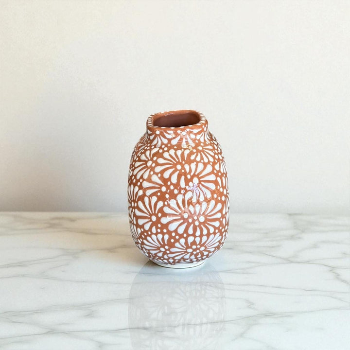Hand Painted Mexican Talavera Brown and White Heart Donut Vase (Cielito Lindo Inspired)