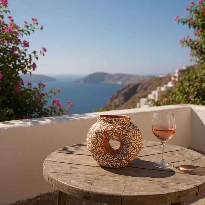 Hand Painted Mexican Talavera Brown and White Heart Donut Vase (Cielito Lindo Inspired)