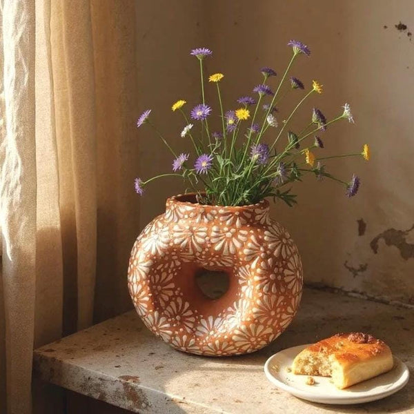Hand Painted Mexican Talavera Brown and White Heart Donut Vase (Cielito Lindo Inspired)