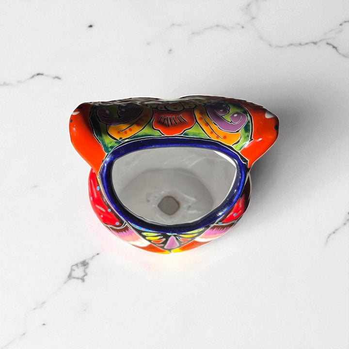 Beautiful Hand Painted Colorful Talavera Orange & White Eyebrow Owl Planter Pot