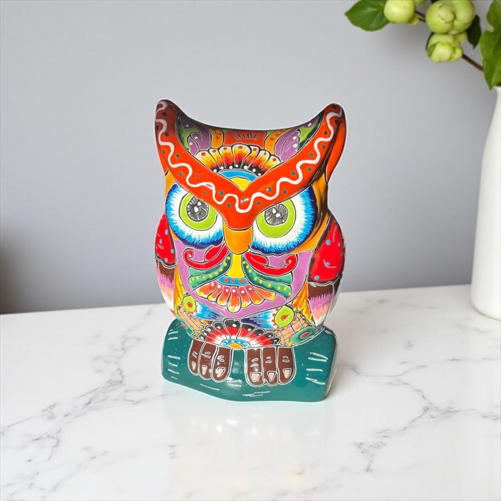 Beautiful Hand Painted Colorful Talavera Orange & White Eyebrow Owl Planter Pot