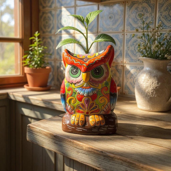 Beautiful Hand Painted Colorful Talavera Orange & Green Eyebrow Owl Planter Pot
