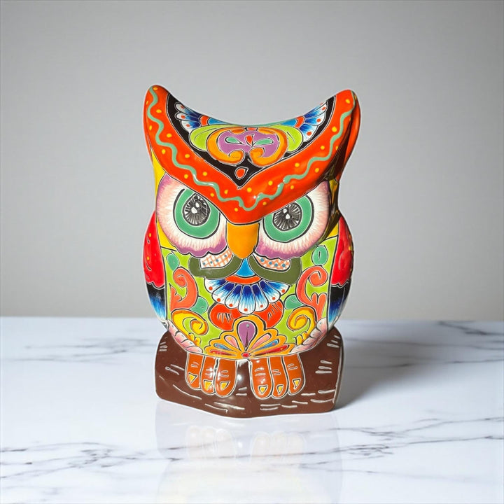 Beautiful Hand Painted Colorful Talavera Orange & Green Eyebrow Owl Planter Pot