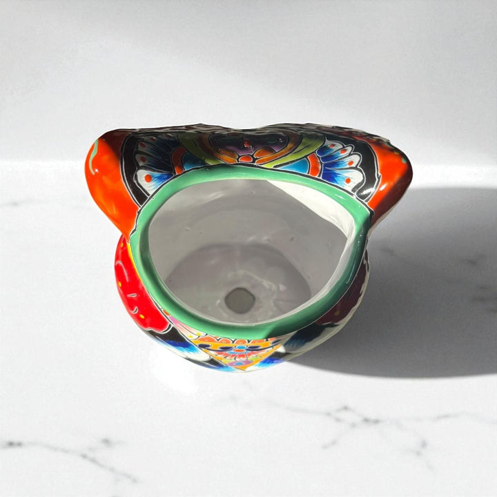 Beautiful Hand Painted Colorful Talavera Orange & Green Eyebrow Owl Planter Pot