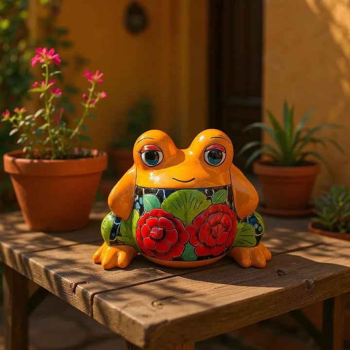 Cute Hand Painted Small Orange Rose Talavera Frog Planter Pot