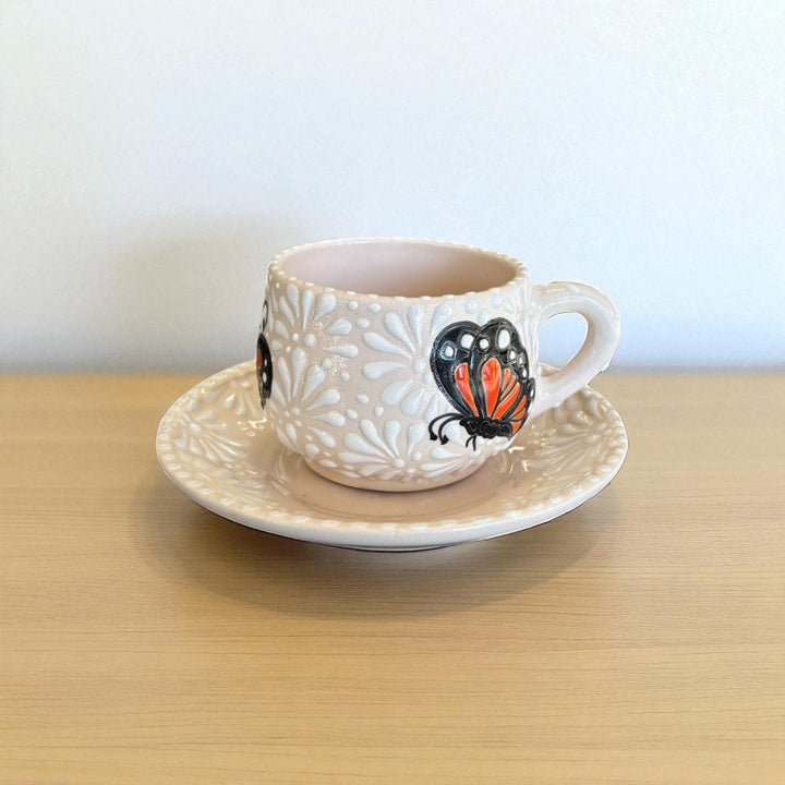 Beautiful Hand Painted Talavera Ivory and White Butterfly Tea Cup & Saucer