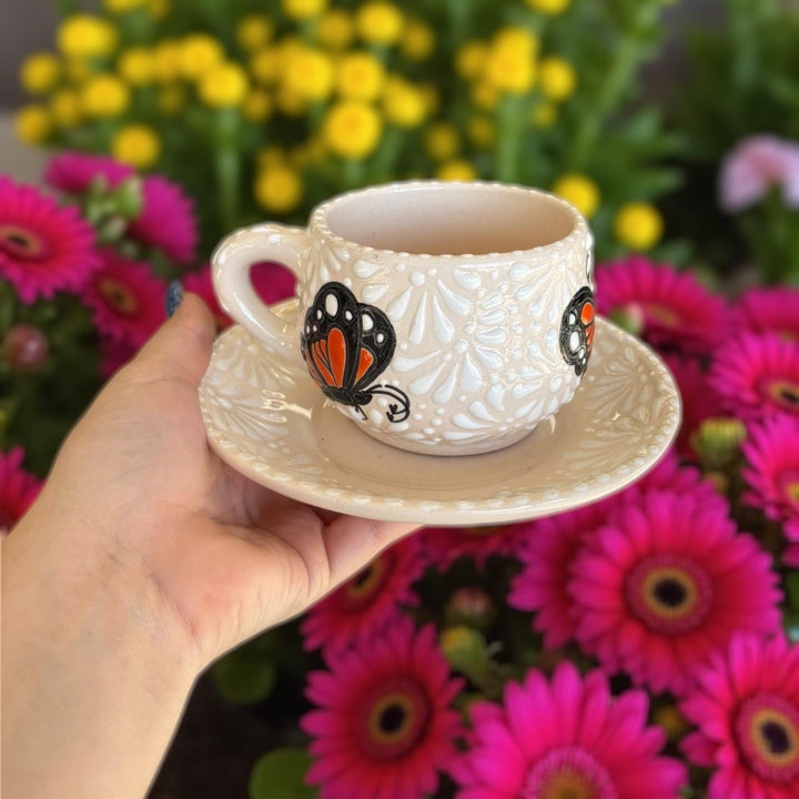 Beautiful Hand Painted Talavera Ivory and White Butterfly Tea Cup & Saucer