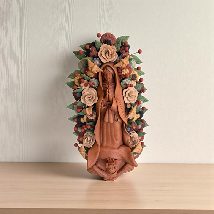 Handmade Small Brown Clay & MultiColor Rustic Mexican Folkart Virgin Mary “Virgen de Guadalupe” (Virgencita de Barro)