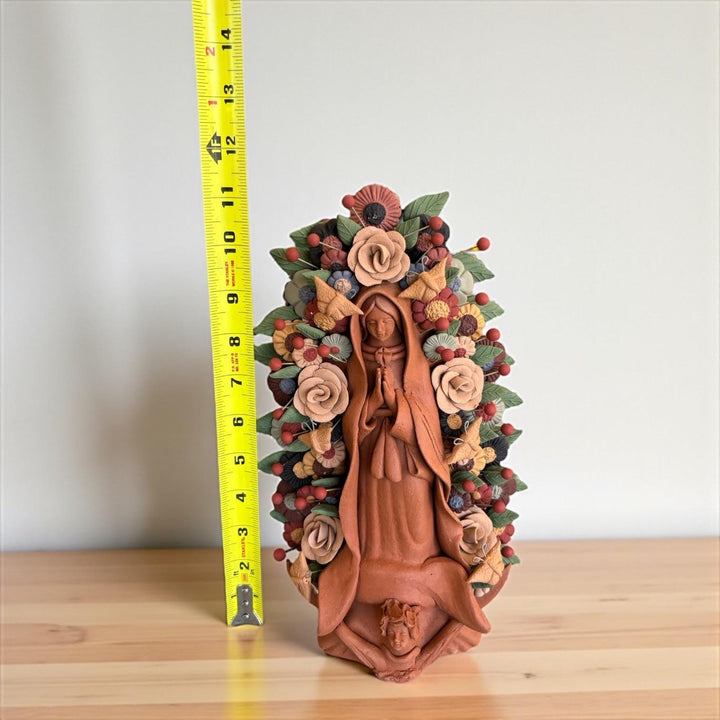 Handmade Small Brown Clay & MultiColor Rustic Mexican Folkart Virgin Mary “Virgen de Guadalupe” (Virgencita de Barro)