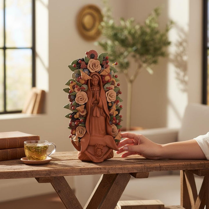 Handmade Small Brown Clay & MultiColor Rustic Mexican Folkart Virgin Mary “Virgen de Guadalupe” (Virgencita de Barro)