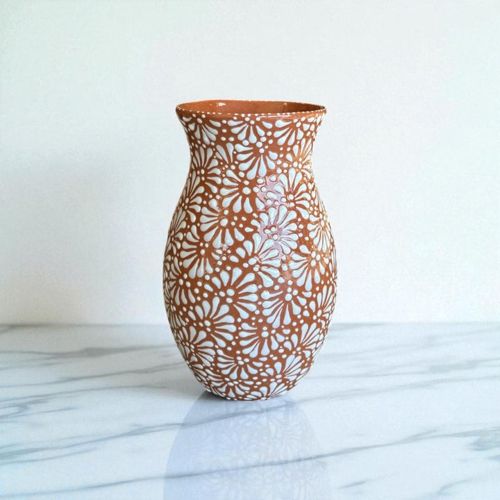 Hand Painted Mexican Talavera Brown and White Standard Vase (Cielito Lindo Inspired)
