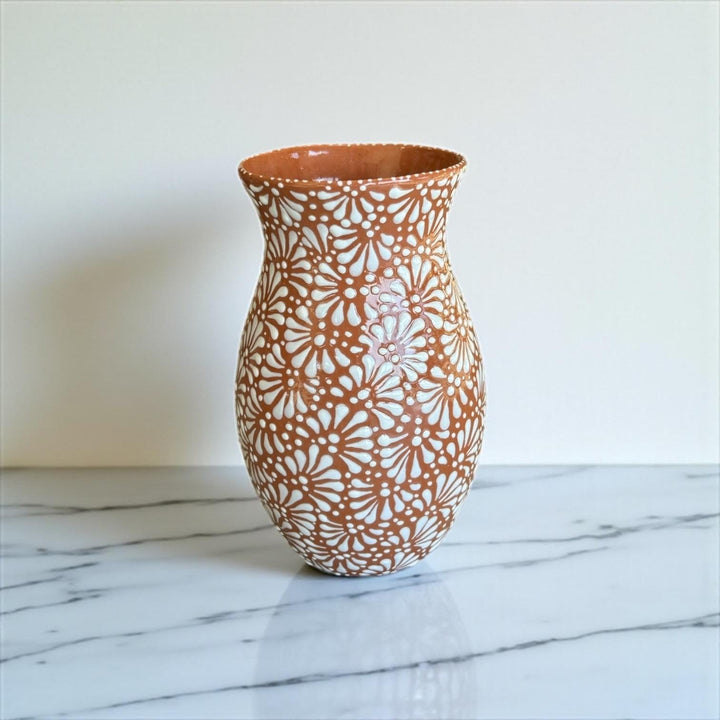 Hand Painted Mexican Talavera Brown and White Standard Vase (Cielito Lindo Inspired)