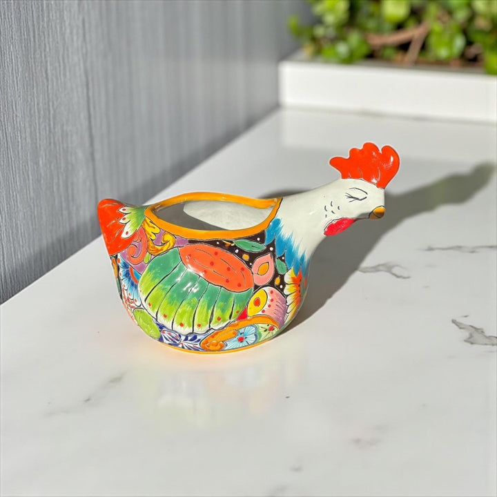 Beautiful Hand Painted Mexican Talavera Sleeping White Chicken Hen Planter Pot