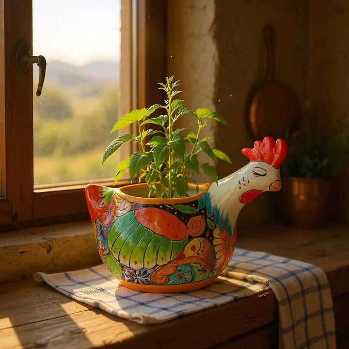 Beautiful Hand Painted Mexican Talavera Sleeping White Chicken Hen Planter Pot